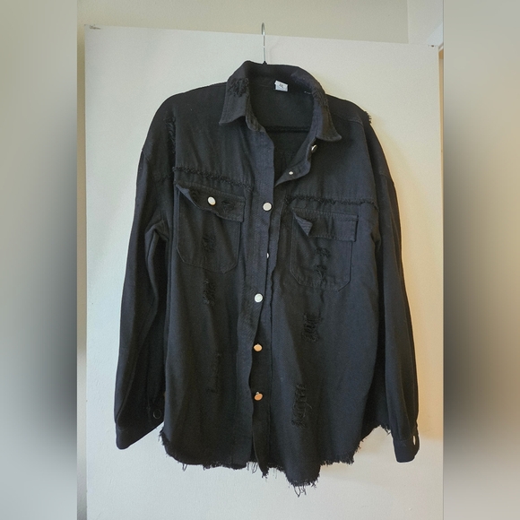 None Tops - Distressed Black Button Down Shirt